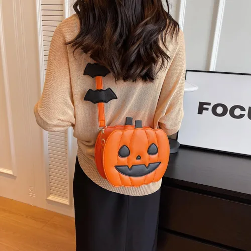 Vista 3 de Bolso de Halloween con diseño de calabaza, bolso cruzado novedoso de piel sintética, bolso cruzado de calabaza de Halloween