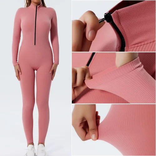 Vista 6 de YETOWA Enterizo ajustado de una pieza para mujer, cuello alto, manga larga, con cremallera, ropa de club