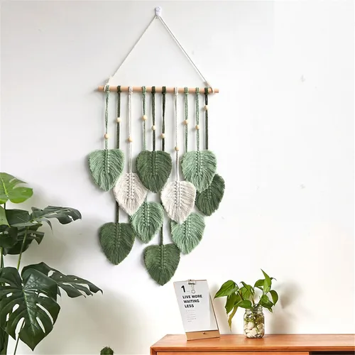 Vista 7 de MSFENG Tapiz para colgar en la pared, diseño de hojas, bohemio, decoración de pared tejida con plumas tejidas a mano, borlas de hilo tejido, Verde
