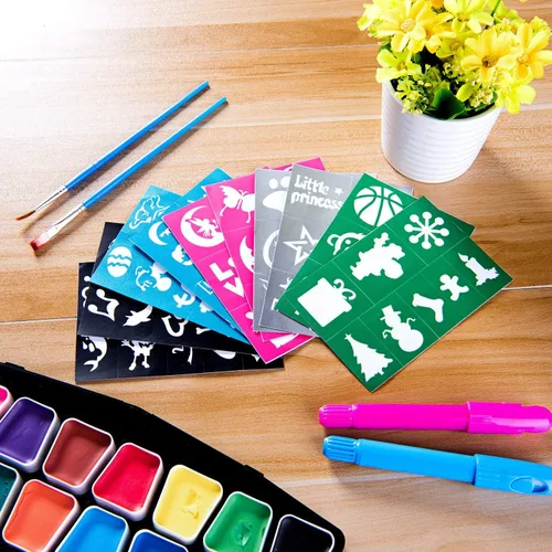 Vista 6 de Kit de plantillas de pintura facial y corporal para niños (paquete de 128 unidades), reutilizables, suaves y fáciles de pegar, plantillas
