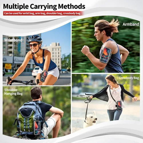 Vista 2 de Soporte para teléfono para correr, caminar y entrenar, brazalete para teléfono celular con mosquetón, bolsa cruzada transparente para teléfono