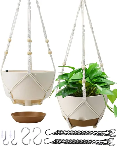 Vista 8 de Koalaime Maceta Colgante de Riego Automático de 10 Pulgadas, Juego de 2 Cestas Colgantes para Interior y Exterior, Macetas Colgantes con Agujero