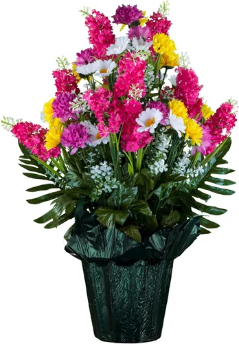 Vista 25 de Sympathy Silks Flores artificiales para cementerios – Decoraciones para tumbas - 1 ramo de flores silvestres de violeta púrpura y naranja, 1 montura