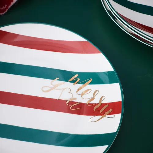 Vista 5 de Platos de Cena de Navidad de China Ósea - Platos de Postre - Platos de Ensalada Juego de 4, Apto para Lavavajillas (Rayado, 20.3 cm)