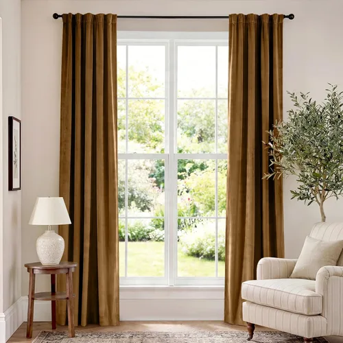 Vista 67 de Lazzzy Cortinas opacas de terciopelo beige de 84 pulgadas de largo con aislamiento térmico para oscurecer la habitación, cortinas forradas de lujo