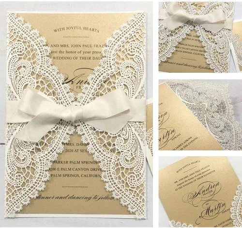 Vista 3 de 25 invitaciones de boda de 5 x 7 pulgadas con sobres, corte láser de encaje hueco con cintas elegantes, para boda, despedida de soltera, compromiso