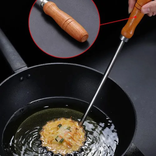Vista 6 de Cabilock Cuchara plana redonda para freír, cuchara para freír, cuchara de cocina con mango de madera de acero inoxidable, cuchara de roseta