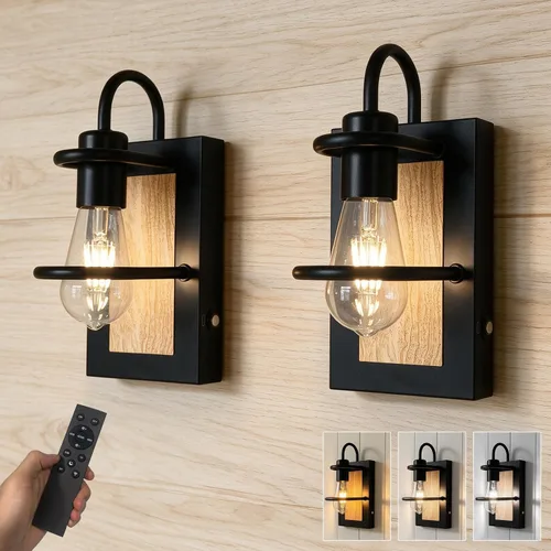 Vista 13 de Luces de pared vintage a pilas con acabado de madera sintética, lámpara de pared regulable, sin cableado, fácil de instalar, aplique de pared