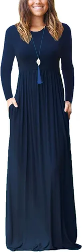Vista 14 de GRECERELLE Vestido largo de manga larga para mujer, casual, cuello redondo, holgado, sólido floral, maxi largo con bolsillos, S-3XL A-Negro