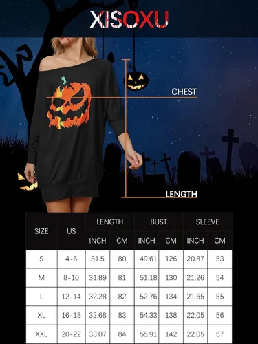 Vista 7 de XISOXU Camisas de Halloween para mujer disfraz sexy con hombros descubiertos manga 34 para fiesta calabaza sudaderas