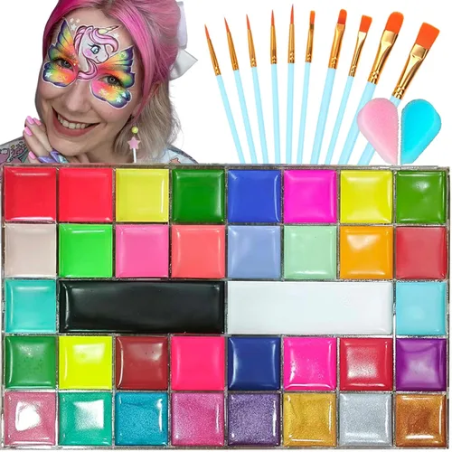 Vista 19 de Face Painting Kit, 12 Split Cake Face Paint Palette Makeup Kit Non-Toxic Water Activated with Brush, Sponge for Party Halloween (12 Split Cakes)