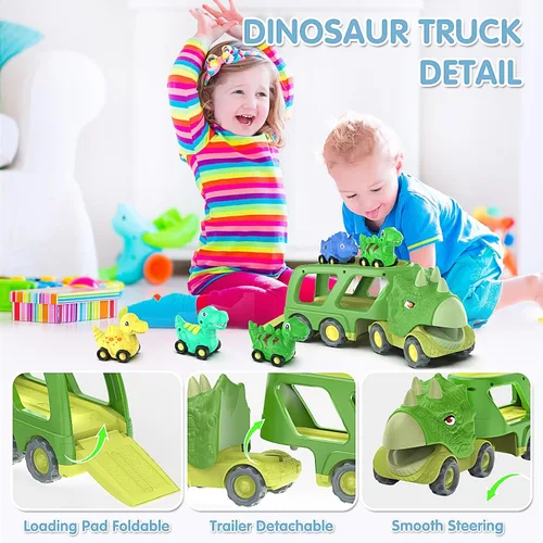 Vista 3 de Juguetes de dinosaurio para niños de 2 a 4 años, camión transportador de automóvil de dinosaurio con 4 autos de dinosaurio de tracción hacia atrás