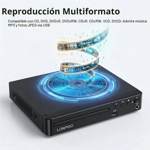 Vista 2 de LONPOO Reproductor de DVD para el hogar con HDMI, reproductor de DVD compacto para Smart TV, reproductor de CD de DVD sin regiones con salida Todo