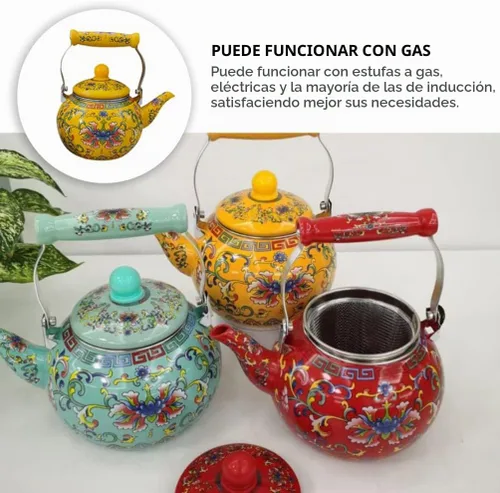 Vista 9 de Healeved Hervidor de té esmaltado con mango de cerámica e infusor de 2.2 L, hervidor de agua clásico floral, tetera de acero para estufa