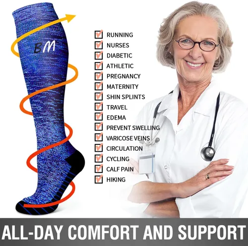 Vista 6 de Bluemaple Paquete de 6 calcetines de compresión de cobre para mujeres y hombres, el mejor apoyo para médicos, correr, enfermería, atletismo