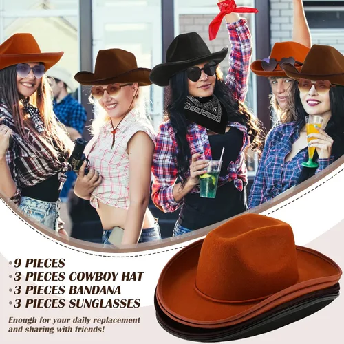 Vista 4 de Geyoga 9 piezas de sombrero de vaquero para adulto con bandana de vaquero y gafas para disfraz del oeste, accesorio para hombres y mujeres