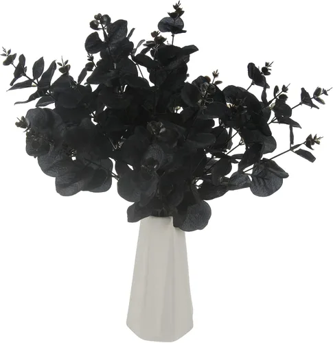 Vista 5 de Tinsow 5 tallos de eucalipto artificiales negros, ramas de eucalipto sintético, hojas negras, centro de mesa de Halloween, decoración del hogar