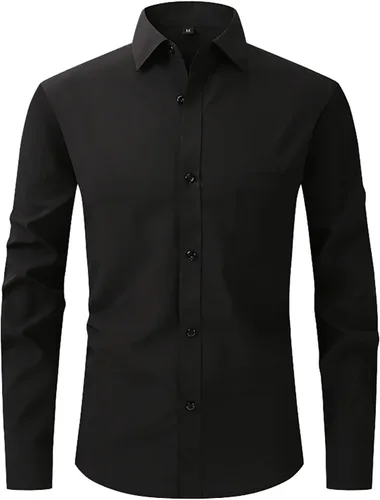 Vista 12 de Camisas de vestir de ajuste regular para hombre, de manga larga, elásticas, sin arrugas, con botones, blusa formal ligera y sólida