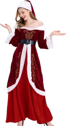 Vista 3 de Disfraz de Sra. Claus para mujer, 3 piezas, disfraces de Papá Noel, vestidos de terciopelo con hombros descubiertos, vestidos de fiesta de máscaras