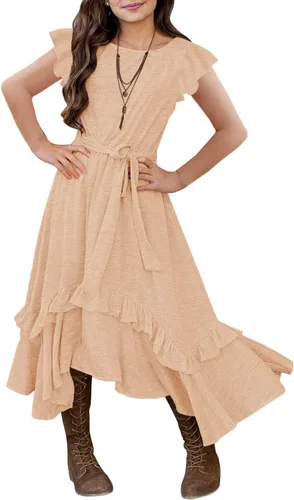 Vista 24 de MITILLY Vestido largo maxi suelto liso de manga 3/4 casual con bolsillos y volantes estilo swing con cinturón para niñas 01 Azul oscuro fultter