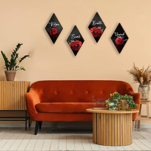 Vista 6 de ONIZHITY Juego de 4 decoración de pared de madera con rosas rojas para decoración de pared, diseño rústico, romántico, floral, decoración de pared
