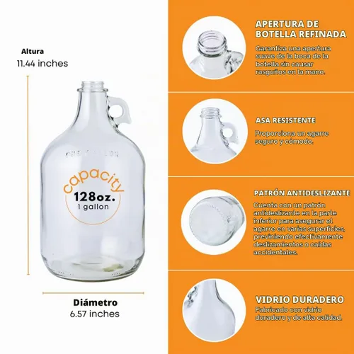 Vista 3 de Jarra de vidrio de 1 galón con cierre de aire, tapa de Polyseal negro y moño de goma #6.5 Clear Fermentation Jug for beer, wine, cider, mead and
