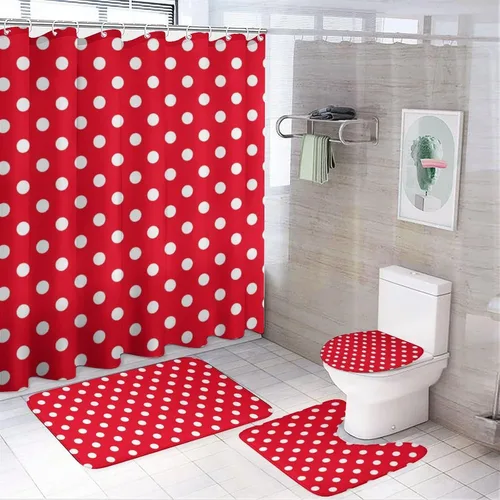 Vista 28 de Juego de 3 alfombras de baño con diseño de lunares, color azul aguamarina, antideslizante, con contorno en forma de U y tapa de inodoro