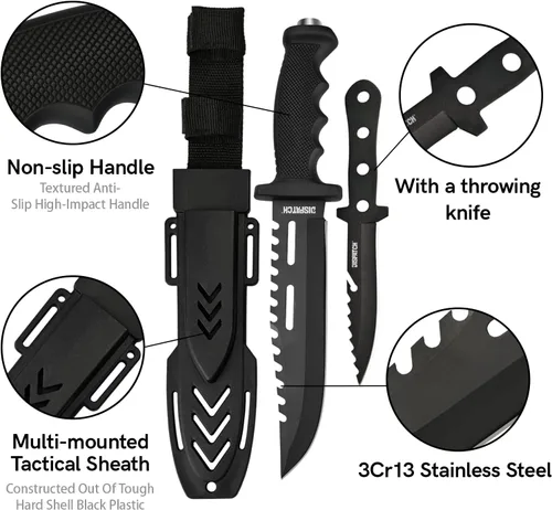 Vista 3 de Cuchillo de caza Dispatch de hoja fija con vaina, juego de cuchillos de supervivencia de 12" y 8" para hombres, cuchillo táctico Bowie con mango