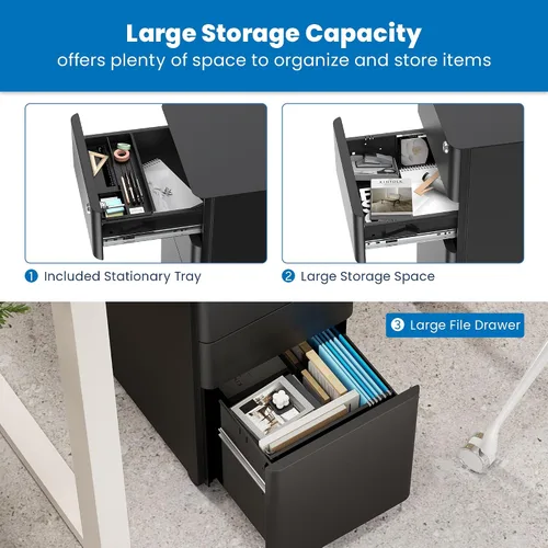 Vista 5 de Mount-It! Archivador delgado de 3 cajones con cerradura, archivador móvil de metal sobre ruedas para almacenamiento debajo del escritorio, hogar