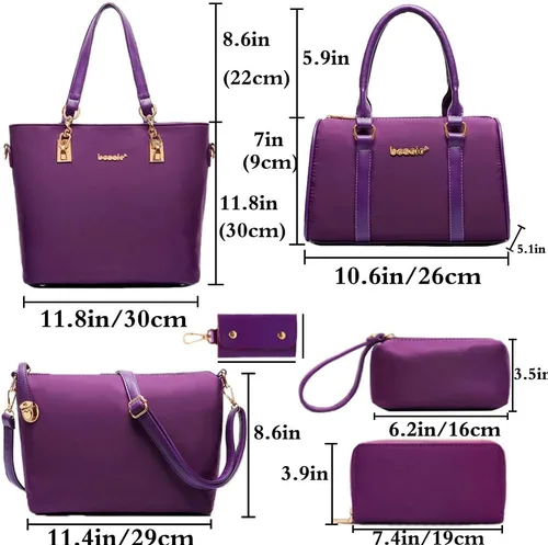 Vista 3 de Juego de 6 bolsas con asa superior de nailon para mujer, incluye bolsa grande, bolsa mediana, bolsa de hombro, cartera, bolsa de mano y llavero