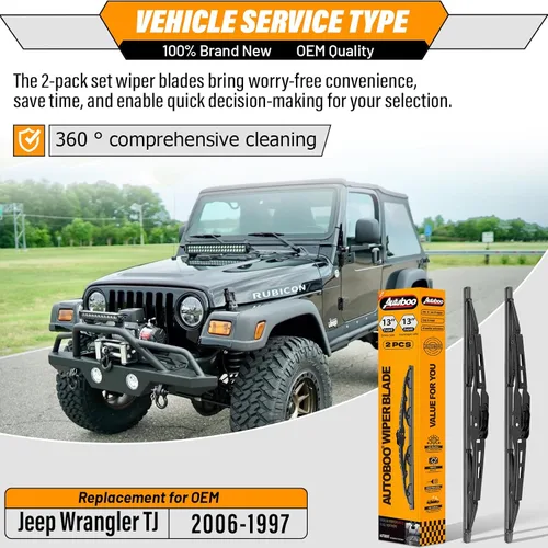 Vista 2 de AUTOBOO Limpiaparabrisas de repuesto de 13 + 13 pulgadas para limpiaparabrisas delantero Jeep Wrangler TJ 1997 1998 1999 2000 2001 2002 2003 2004