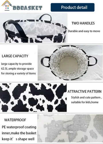 Vista 3 de Cesta de lavandería con estampado de vaca, cesta plegable para almacenamiento de juguetes, con asas, para decoración de habitación de niños y niñas