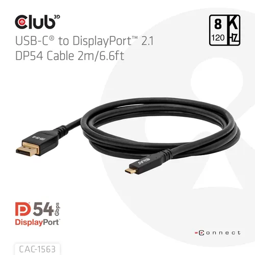 Vista 3 de Club 3D Cable USB tipo C CAC-1563 a mínimo DP 2.1 Cable certificado VESA DP54 bidireccional M/M 6.6 ft/6.56 pies