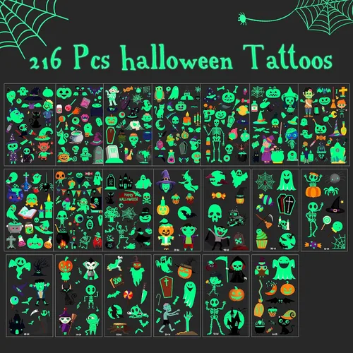 Vista 2 de 216 tatuajes temporales brillantes de Halloween para niños, bolsas de regalo, premios y recuerdos de fiesta
