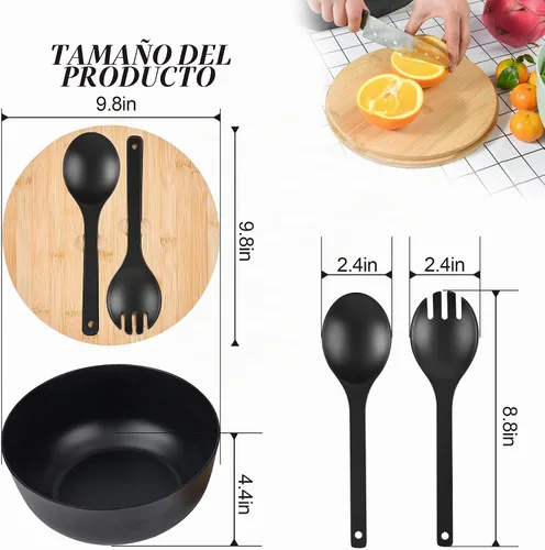 Vista 6 de GEHE - Juego de ensaladera de fibra de bambú con utensilios para servir - Grande de 9.8 pulgadas, recipientes para mezclar de bambú sólido Negro