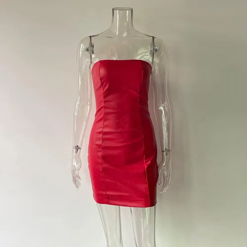 Vista 2 de Vestido sexy de mujer con hombros descubiertos, de piel sintética, sin tirantes, con parte superior de tubo, vestido ajustado para fiesta y club