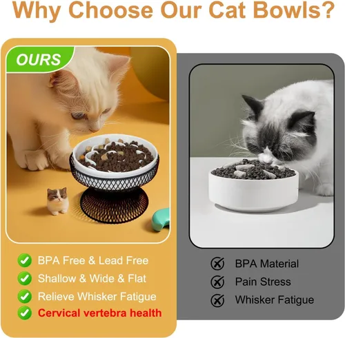 Vista 4 de 2 piezas de comederos elevados de cerámica para gatos con alimentación lenta con soporte, comedero lento para gatos para comida húmeda y seca