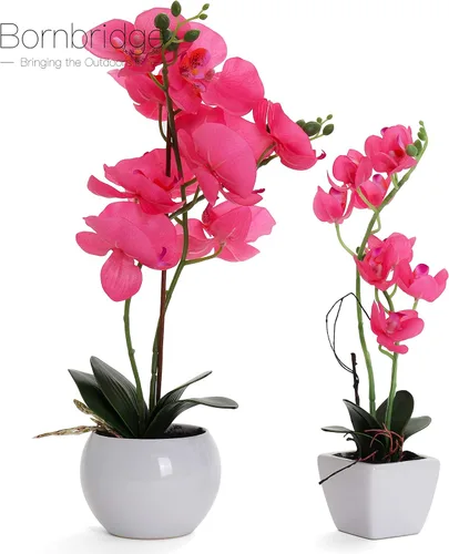 Vista 3 de Planta de orquídea artificial en maceta, decoración realista de orquídea rosa intenso (1)