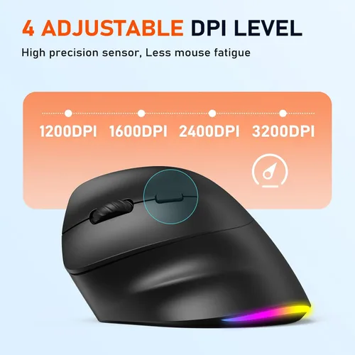 Vista 4 de MEETION Ratón ergonómico para zurdos, ratón inalámbrico vertical RGB recargable, Bluetooth (5.2 + 3.0) y USB-A con adaptador USB-C, 4 DPI