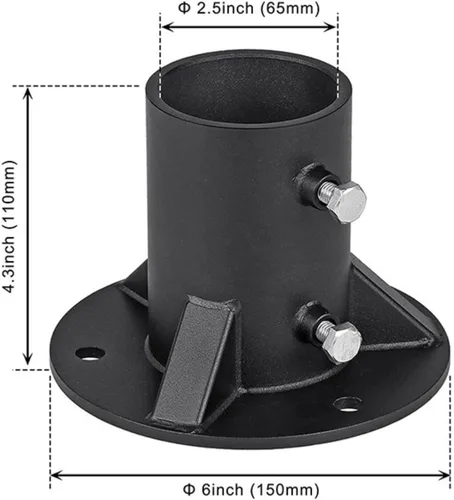 Vista 2 de Brida de piso de poste de cadena con recubrimiento de polvo negro resistente de 2-3/8 pulgadas para valla/buzón/asta de bandera