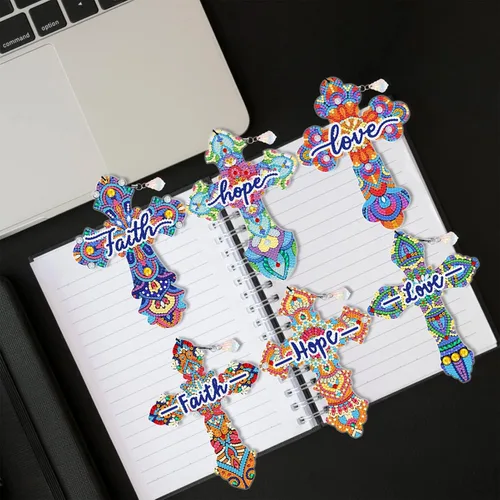 Vista 5 de Juego de 6 marcapáginas de pintura de diamantes cruzados para niños y adultos, borla, arte de diamantes acrílicos de cristal, marcadores de cruz