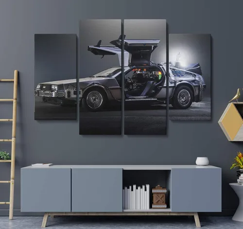 Vista 2 de Amk Wood Lienzo decorativo retro para pared con diseño de automóvil de viaje en el tiempo, impresión inspirada en la película futurista de los años