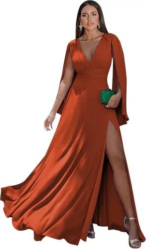 Vista 18 de Women's Long Sleeve Bridesmaid Dresses V-Neck Chiffon Ruched Formal Dress Evening Gown with Slit