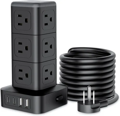 Vista 14 de NTONPOWER Torre de regleta de alimentación con protector de sobretensiones, torre de protección de sobretensiones 1080J, 12 salidas de CA, 4 puertos