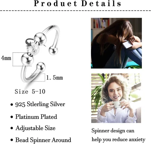 Vista 3 de Sllaiss Anillos de plata de ley 925 antiansiedad para mujeres y hombres chapados en oro de 14 quilates anillos para ansiedad ajustables apilables