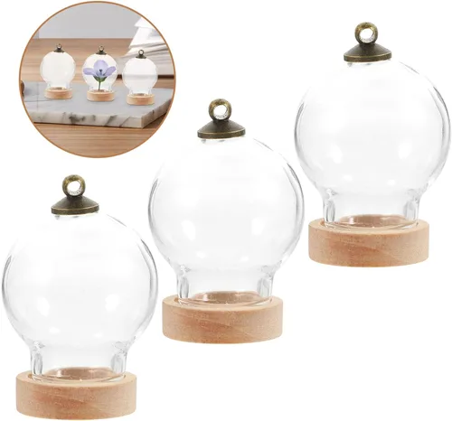 Vista 5 de HOMSFOU Retro Decor 3 piezas de cristal Cloche Bell Jar Display Dome con base de madera, mini botellas de vidrio, cúpula transparente, vitrina