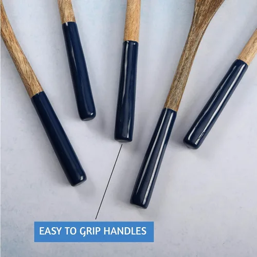 Vista 4 de Juego de 5 cucharas de madera para cocinar o utensilios de cocina, 12 pulgadas de largo (azul sólido)