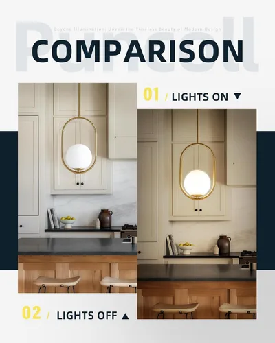 Vista 4 de Lámparas colgantes doradas – Iluminación colgante de 1 luz para isla de cocina con vidrio blanco lechoso – Lámparas colgantes vintage – Luces