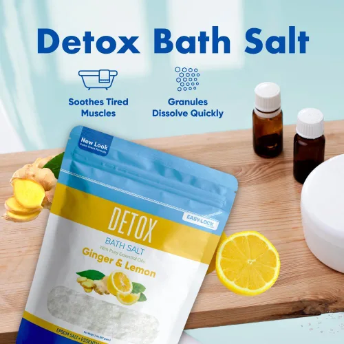 Vista 5 de Sales de epsom para baño desintoxicante, enjuague de aceites esenciales de jengibre y limón más vitamina C, 100% natural, sin perfumes, sin