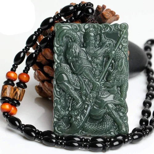 Vista 2 de Collares de mujer Collares de hombre Natural Tallado a mano Verde Jade Wu Dios de la riqueza Guan Dragón Guan Yu Guan Gong Guan Yu Collar Masculino